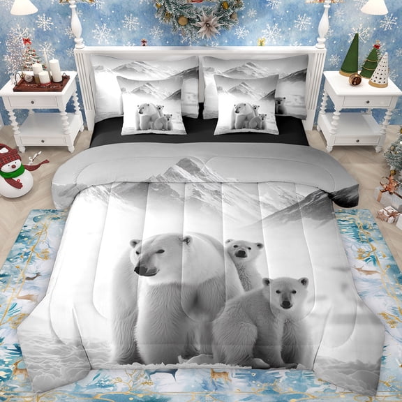 Manfei Polar Bear Family Bedding Comforter Set 7pcs for Kids, Kawaii Wildlife Animal King Bedding Sets, Winter Snow Mountain Reversible Bed Sheets, Microfiber Bedroom Decor