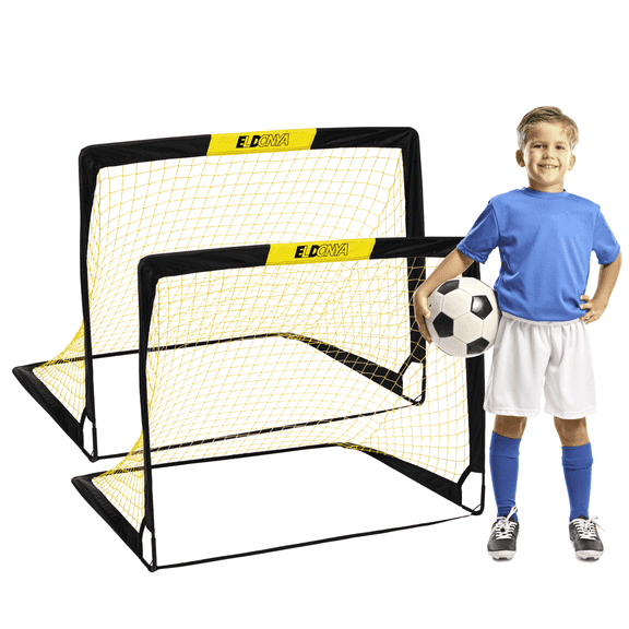 ELDONYA 2-Pack 4'x3' Portable Kid Soccer Goals - Pop Up Design for Backyard, Indoor, and Outdoor Play - Youth Training Set with Carrying Case