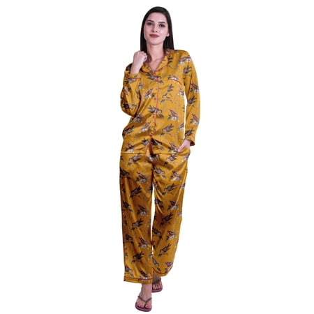 Moomaya Button Down Pajama Set For Women Notch Collar Nightwear Pants Loungewear