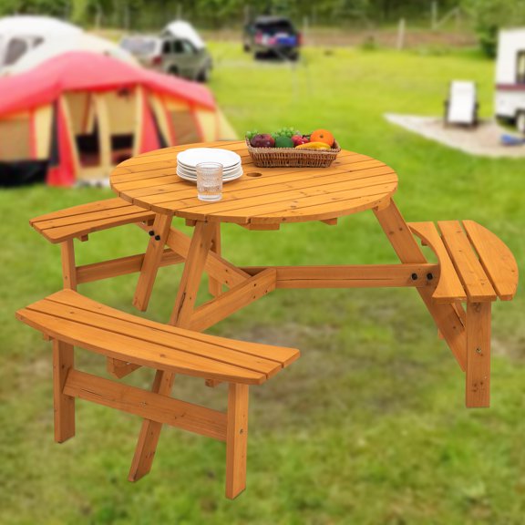 Thanaddo 6-Person Circular Wooden Picnic Table with 3 Benches, 1720 lb Solid Wood Outdoor Dining Set for Patio Backyard Garden, Natural