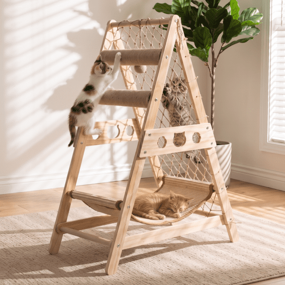 AIWFL Cat Hammock, Cat Furniture Cat Tower with Straching Post Climbing Web and Danging Sisal Ball, Solid Wood Indoor Cat Tree
