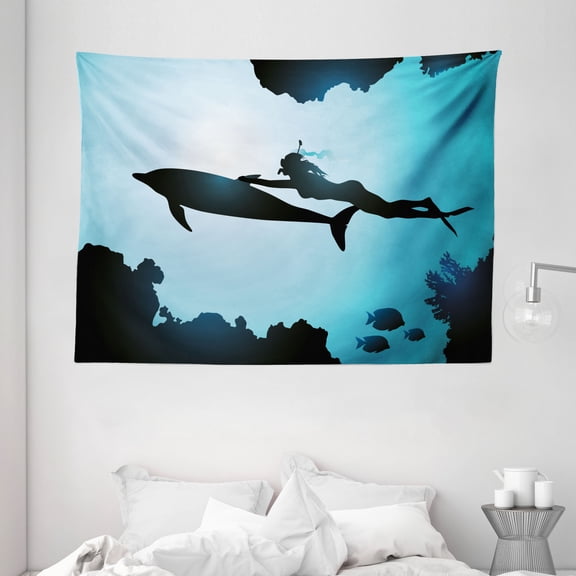 Dolphin Tapestry, Scuba Diver Girl Swimming with Dolphin Silhouette in Sea Fish Reefs Image, Wall Hanging for Bedroom Living Room Dorm Decor, 80W X 60L Inches, Pale Blue Black, by Ambesonne