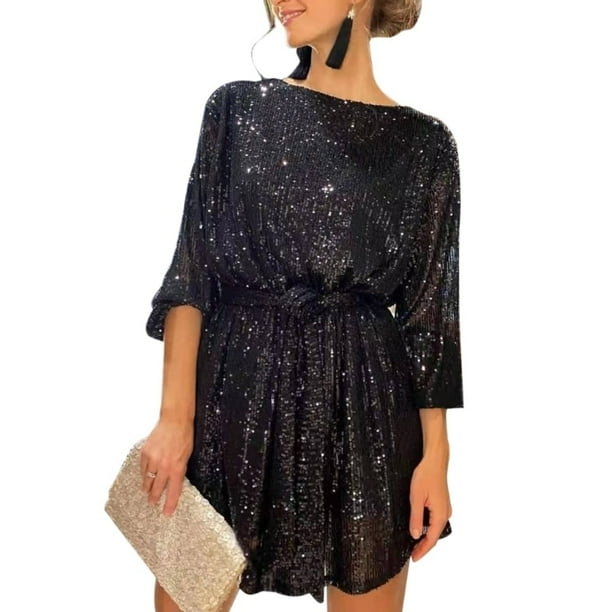 Womens Puff Long Sleeve Glitter Sequin Dress with Belt Evening Wedding Bridesmaid Sparkly Loose Fit Mini Short DressesS Gao Jinjia LED