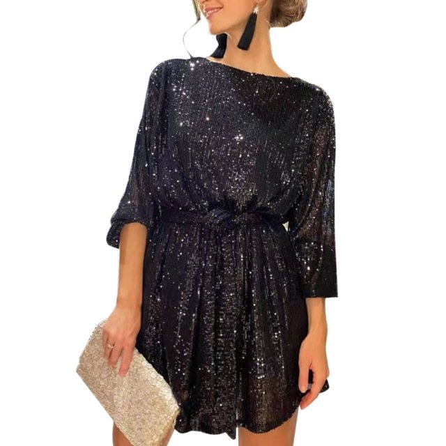 Womens Puff Long Sleeve Glitter Sequin Dress with Belt Evening Wedding Bridesmaid Sparkly Loose Fit Mini Short DressesXXL Gao Jinjia LED