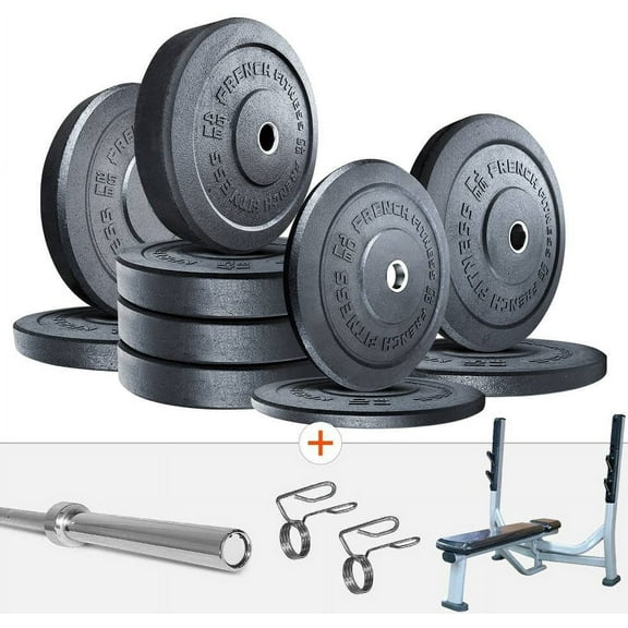 French Fitness Olympic Bumper Plate Set w/7 ft Olympic Bar 325 lbs Bench (New)