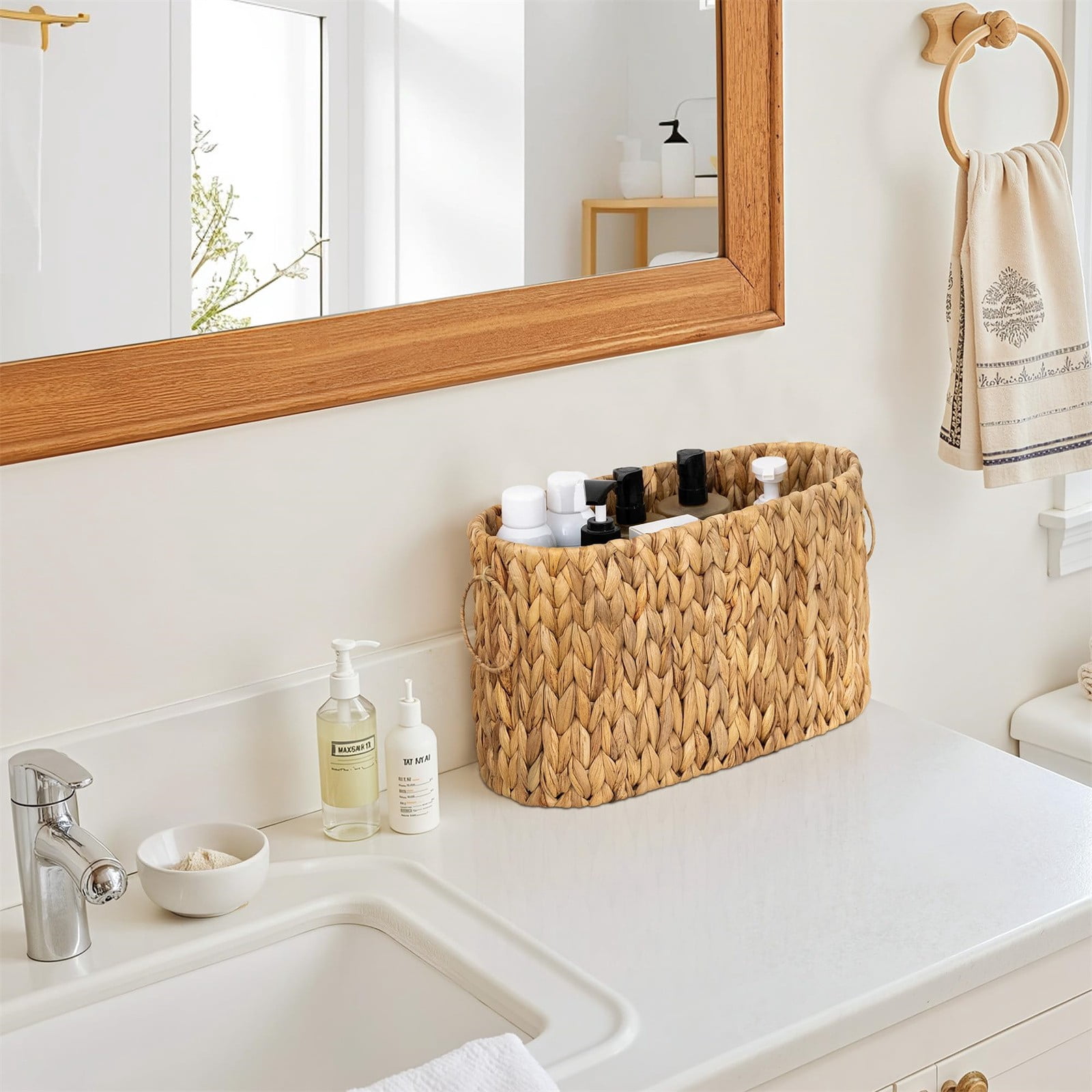 Handwoven Water Hyacinth Storage Basket with Handles, Decorative Organizer for Home, Office, Shelves, Natural Eco-Friendly Woven Bin