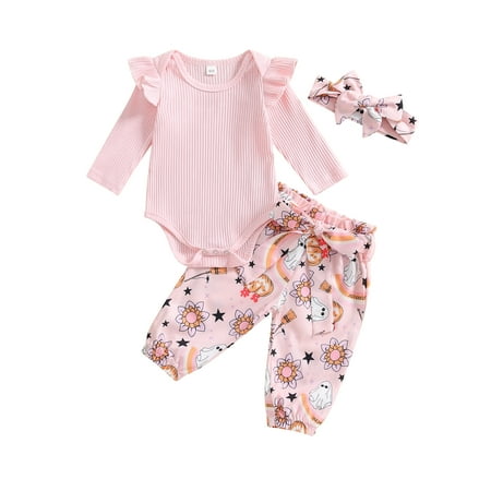 

Baby Girl Halloween Outfit Ribbed Romper Ghost Pants Belt Headband
