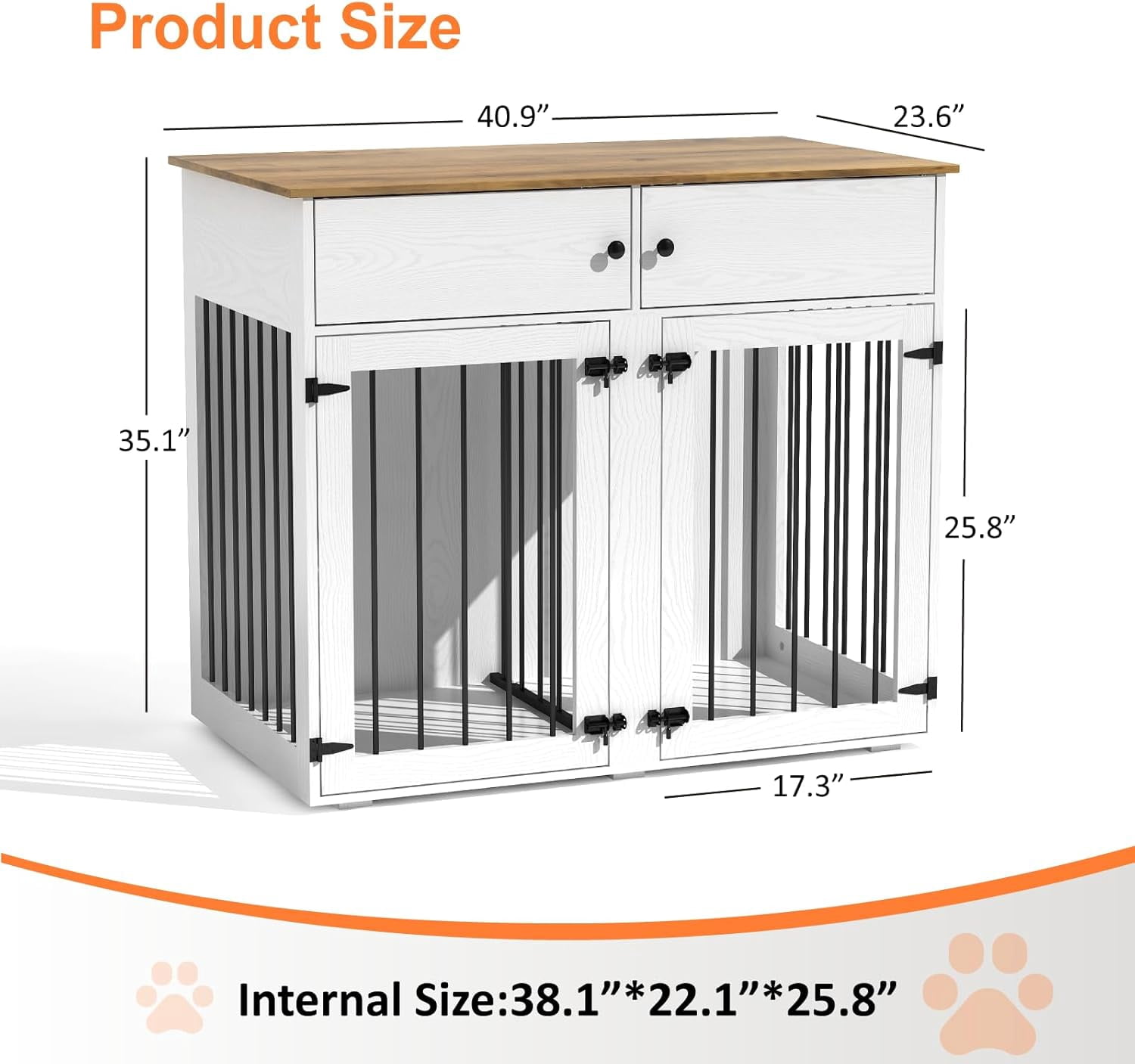 TIMHAKA Dog Crate Furniture w/ 2 Drawers, 41’’ Wooden Indoor Dog Cage w/ Divider, Double Doors, White