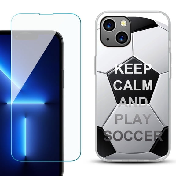 Slim-Fit TPU Phone Case for iPhone 14 Plus, with Tempered Glass Screen Protector, by OneToughShield ® - Keep Calm Soccer