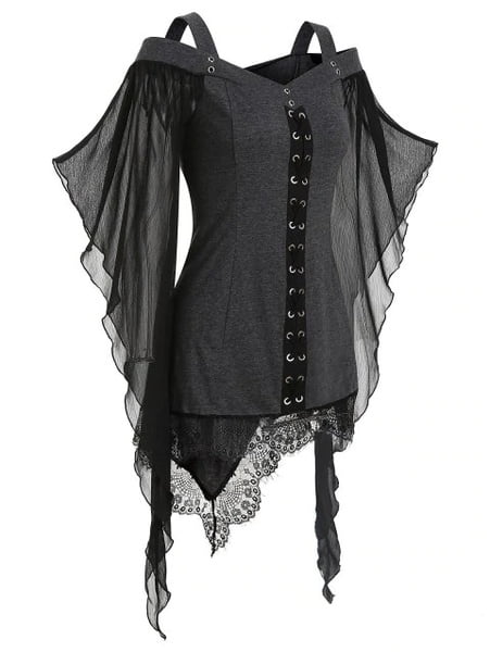 Women Halloween Gothic Criss Cross Lace Insert Butterfly Sleeve Party Blouse NEW 