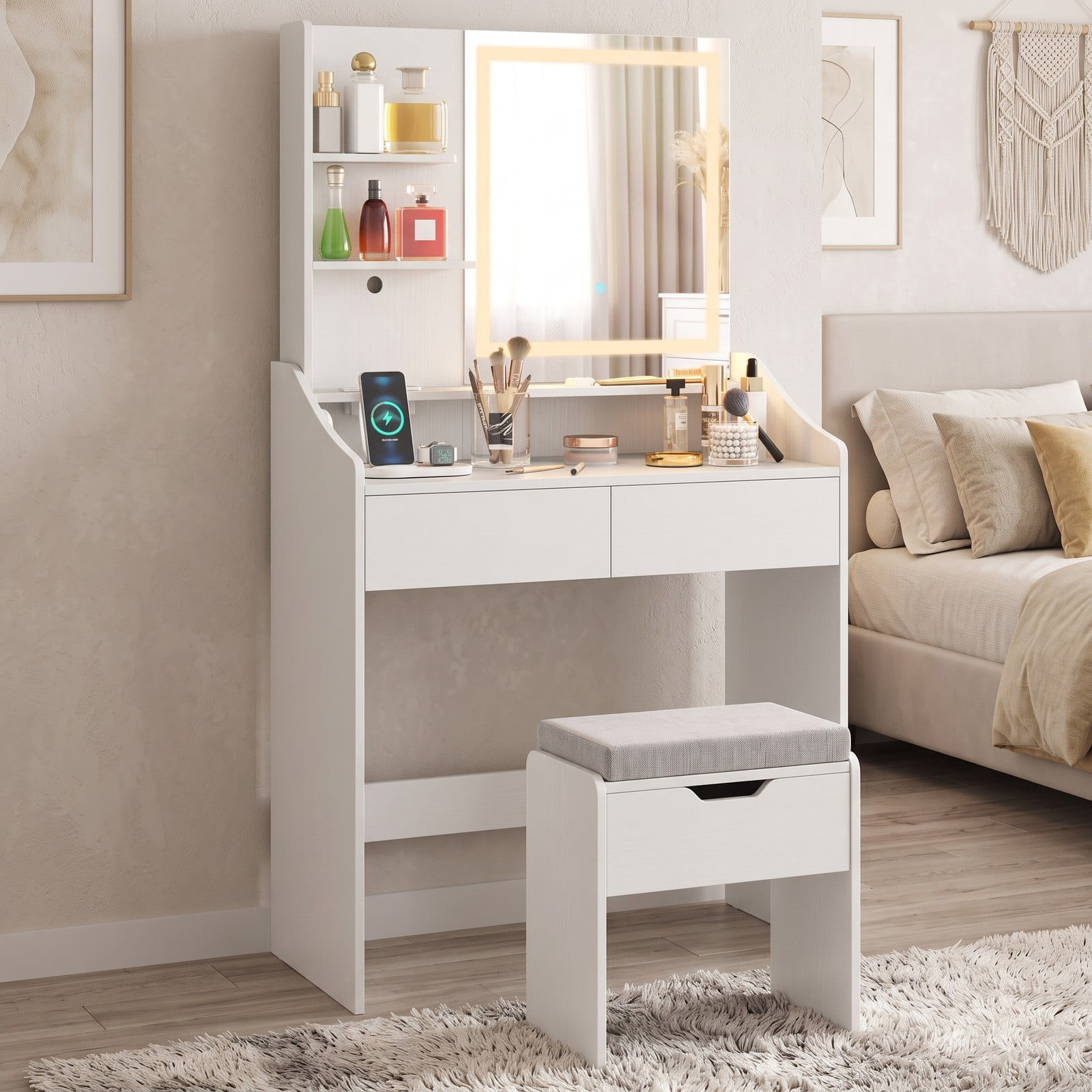 Furnibear Vanity Desk with LED Lighted Mirror and 3 Color Modes and Charging Station and Storage Stool for Bedroom, White