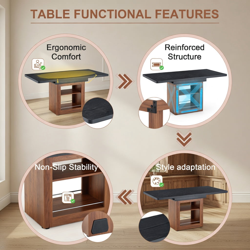 Hommoo Expandable Dining Table with Storage, 59-71" Rectangular Pull-Out Table for 4-8 People, MDF + Metal Frame, Modern Space-Saving Kitchen/Dining Room Furniture, Black & Walnut