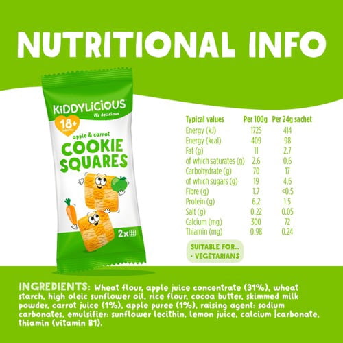 Kiddylicious Apple & Carrot Cookie Squares Baby Snacks 18m+ 6 x 24g, British Import (Pack of 2)