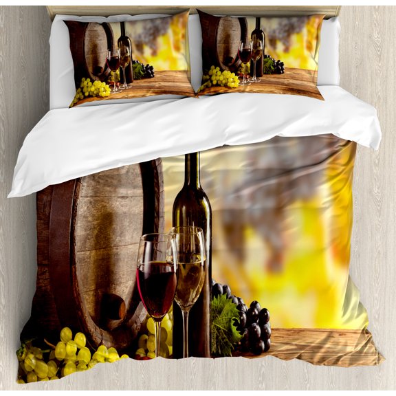 Wine Duvet Cover Set, Red and White Wine Bottle Glass on Wooden Keg Quality Taste Traditional, Decorative 3 Piece Bedding Set with 2 Pillow Shams, Queen Size, Brown Pale Green Yellow, by Ambesonne