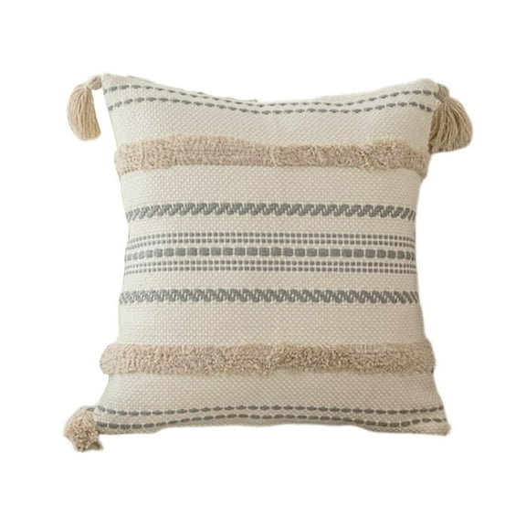 Decorative Boho Throw Pillow Covers, Woven Tufted Pillows Cover with Tassels Textured Striped Cushion Case, Neutral Pillow Cases Decorative Pillowcase for Sofa, Couch, Bed, Khaki
