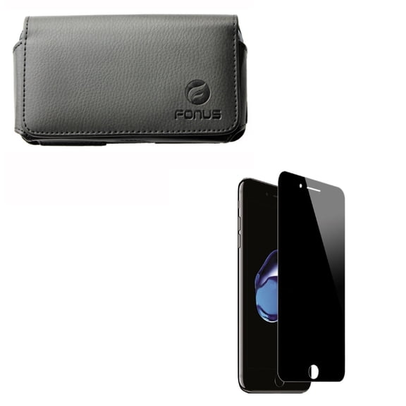 Compatible With iPhone 8 7 6S 6 - Black Horizontal Leather Case w 3D Tempered Glass Anti-Peep Privacy Screen Protector