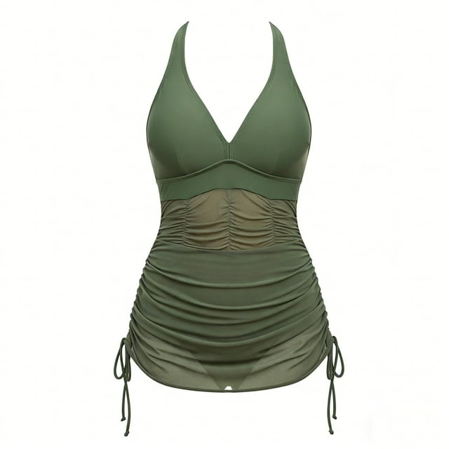 One Piece Robe de Bain Femmes Maillots de Bain Ventre Maille Patchwork Maillot de Bain Col en V Maillots de Bain avec Cordon Jupe Maillot de Bain Col Dos Bas Maillot de Bain Vert m