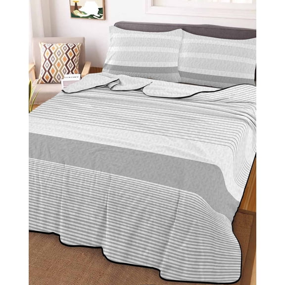 Grey Stripe Full Size Down Alternative Comforter, Lightweight Comforter Quilt Bedding Set with Pillow Shams Modern Abstract Monochrome Geometric All Seasons Bed Comforter Duvet Insert 78"x90"