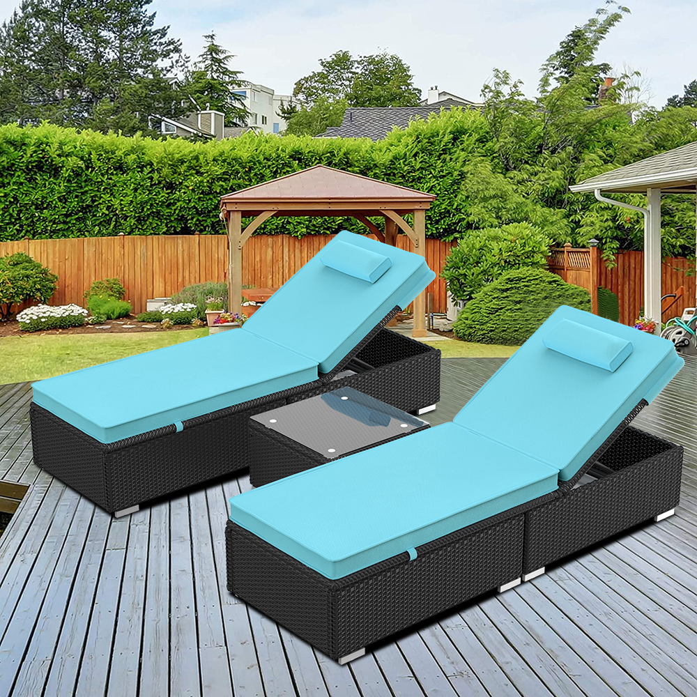 3PCS Outdoor Chaise Lounge, Patio Wicker Chaise Lounge with Glass Coffee Table, PE Rattan Lounge Chair with Adjustable Back and Feet, Cushioned Chaise Lounge Patio Furniture Set for Poolside, Blue - image 2 of 12