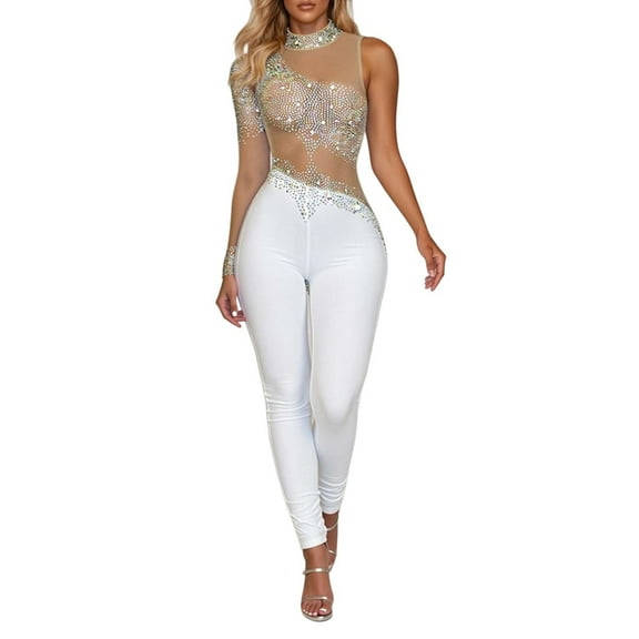 Women's Jumpsuit Long Sleeve Bodycon Romper Casual Outfit Summer Fall Fashion Stretchy Comfortable Party Wear Solid Color Rhinestone