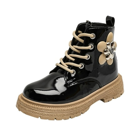 

Yinguo Fashion Autumn Winter Girls Boots Flat Bottom Non Slip Side Zipper Comfortable Flowers Solid Color