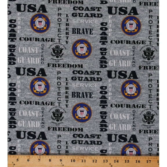 Cotton United States of America Coast Guard Symbols Emblems USA Patriotic Military Stars and Stripes American Eagle on Gray Cotton Fabric Print by the Yard (1181-CG)