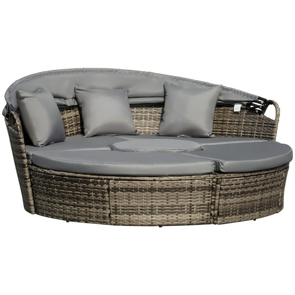 Resenkos 4-Piece Round Convertible Daybed with Cushions, Outdoor Sectional Furniture, PE Rattan, Gray