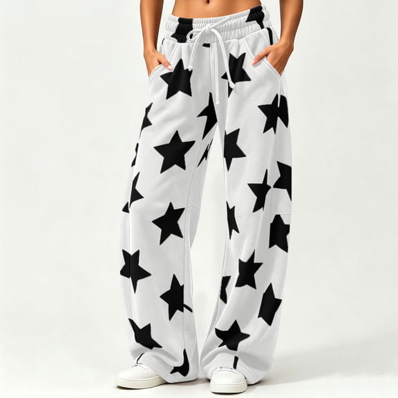 Wovilon Women's Star Print Wide Leg Sweatpants High Waisted Drawstring Lounge Pants with Pockets Relaxed Fit Casual Loose Trousers