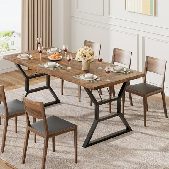 Garvee Farmhouse Dining Table for 6, Rectangular Wood Dining Table, Rustic Kitchen Table with Extra Heavy Duty Metal Legs for Dining Room, Outdoor Table for Party, 70.9 * 29.5 * 29.3 Inch (Retro)