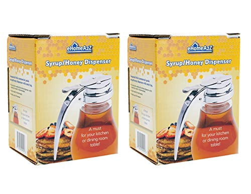 eHomeA2Z Syrup Dispenser Honey Pot Glass Jar Commercial Quality With Cast Zink Top Set Of 2 (2, 14 Oz)