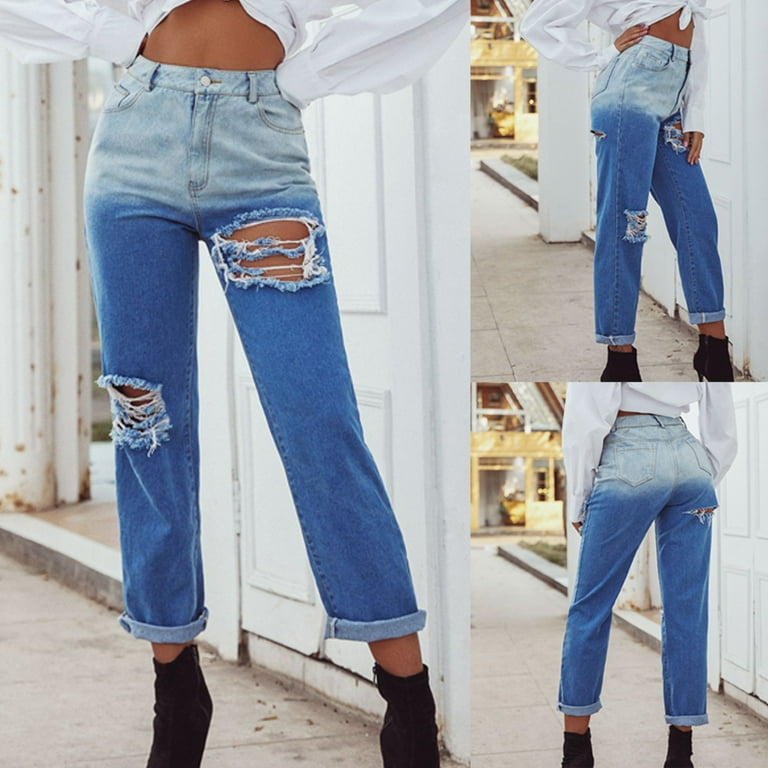 Women's Medium Waist Straight Pants With Holes And Gradient Slim Casual Jeans