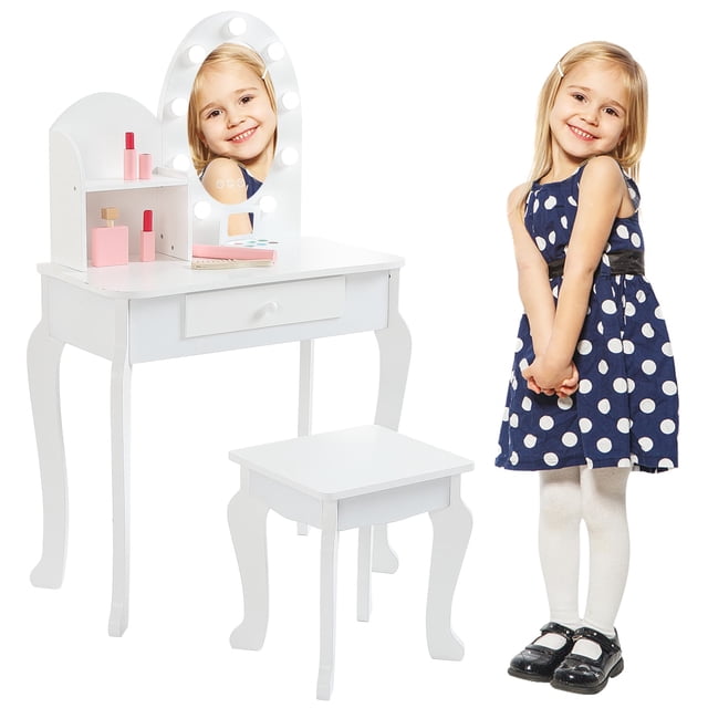 Bingirl Wooden Vanity Table with Lighted Mirror and Stool - Makeup Playset