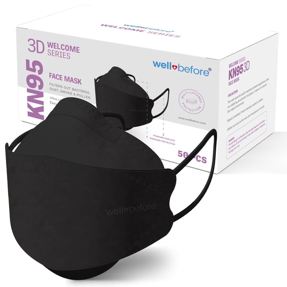 WellBefore Welcome Series KN95 3D Face Masks, Black, Regular, 5-Layer Protection, Pack of 50
