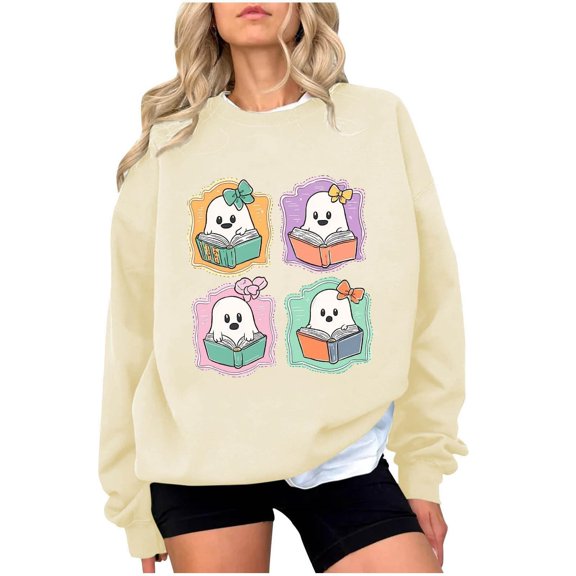 Gunia Womens Halloween Ghost Sweatshirt Fashion Cute Casual Print Round Neck Hoodless Long Sleeve Hoodie Pullover Tops Fall Trendy Clothes Beige S-2Xl