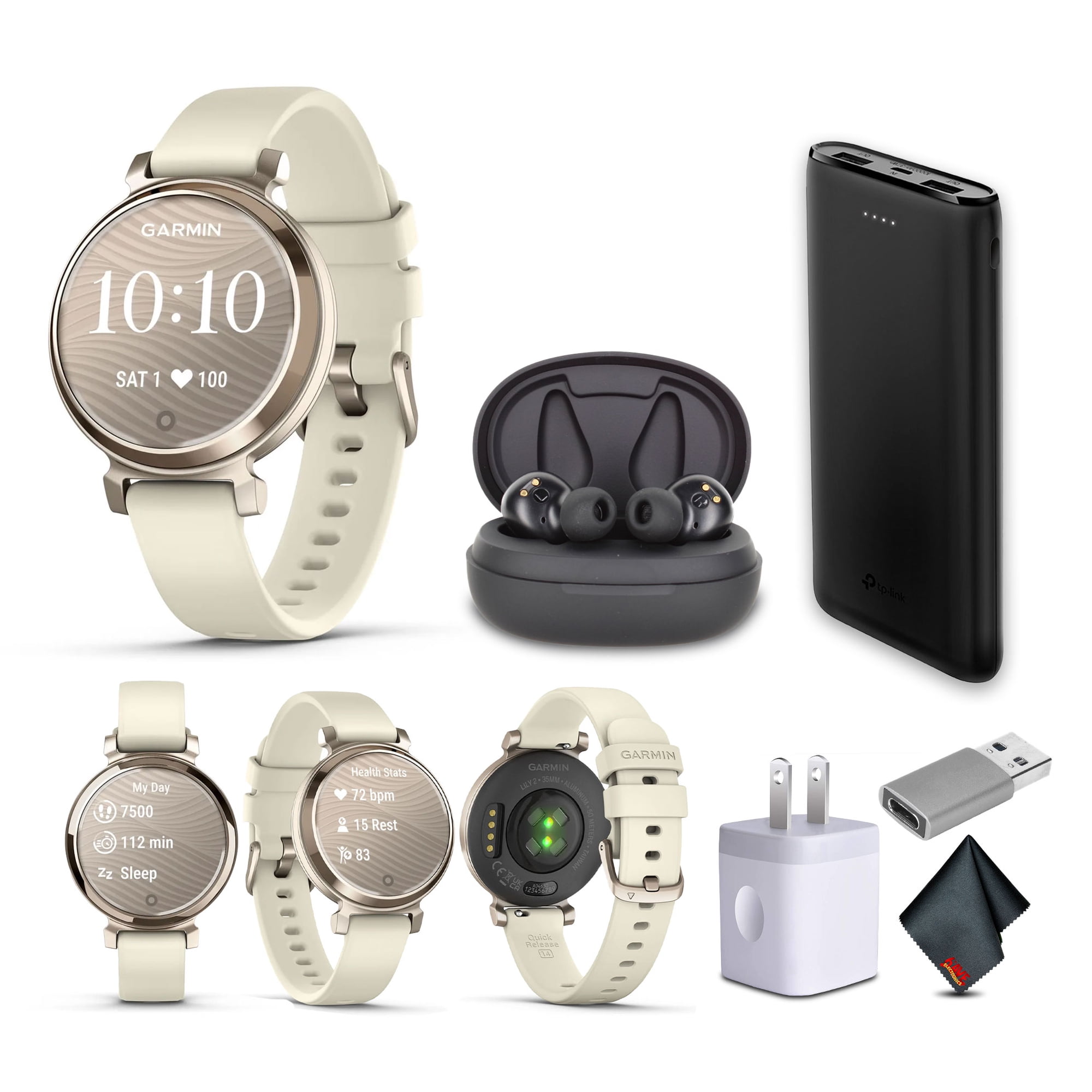 Garmin Lily 2 Small and Stylish Smartwatch Cream Gold with Coconut New (010-02839-00) Earbud Bundle