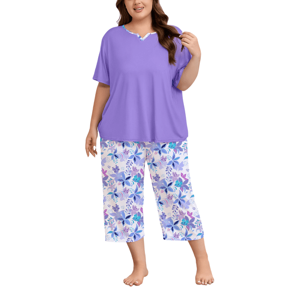 FEREMO Women Plus Size Pajamas Set Short Sleeve Prints Pjs Sets Sleepwear 2 Piece Loungewear Capri Pants with Pockets