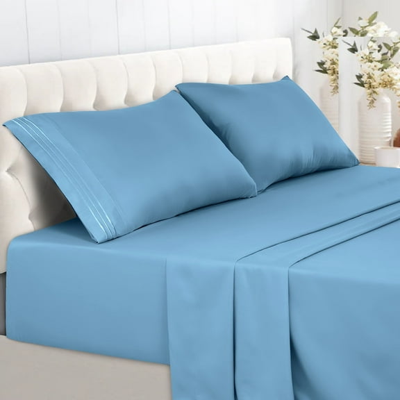 Lux Decor Collection Bed Sheets Set Twin Size, Deep Pocket 4 Pc Bed Sheet Set - Hotel Luxury Brushed Microfiber Sheets, Blue