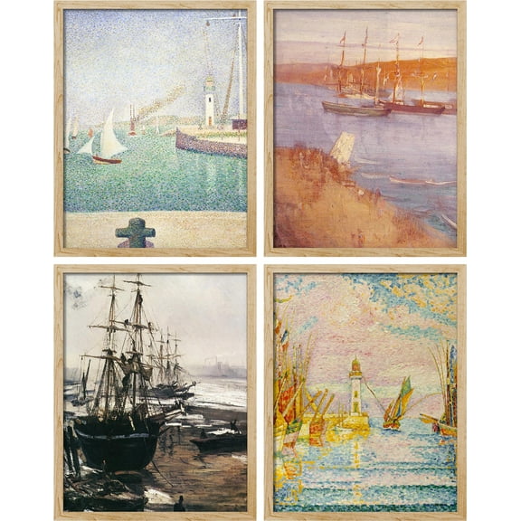 PixonSign Framed Wall Art Nautical Sailboat Ship Ocean Seascapes Posters, Set of 4 Multicolor Sea Landscape Canvas Prints, Nature Wilderness Wall Décor for Home Decor - 11"x14" Natural