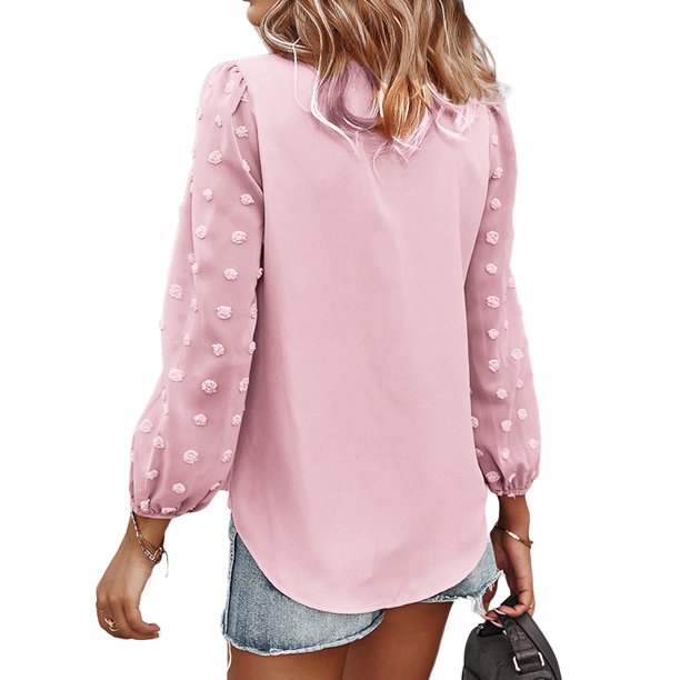 SAYOO - Camiseta de cuello en V de color sólido para mujer, blusa holgada de manga larga con decoración de flores, suéter holgado SAYOO Moda