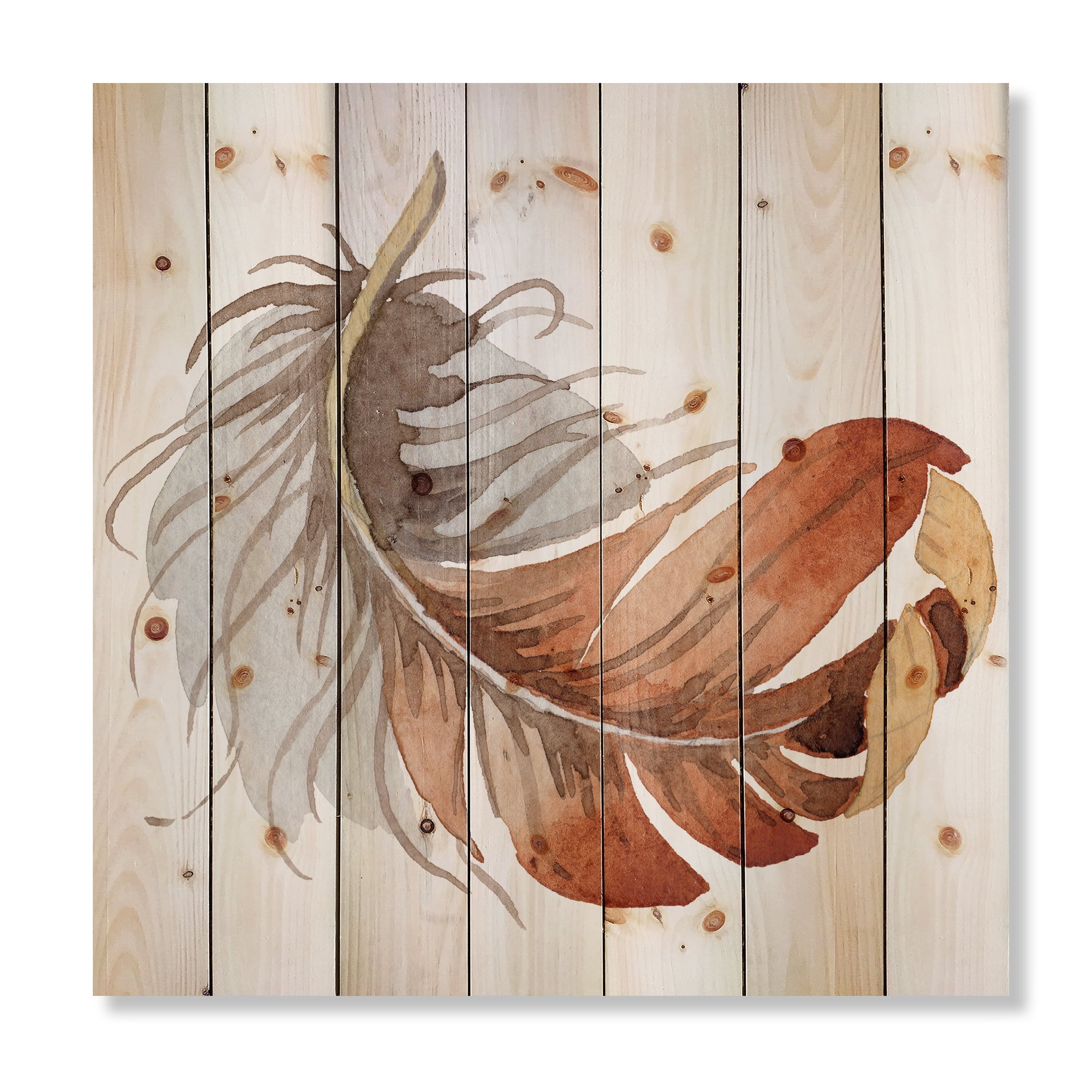 Designart 'Orange Ethnic Bird Feather On White' Bohemian & Eclectic Print on Natural Pine Wood