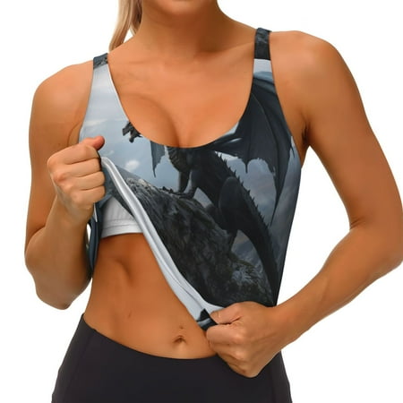 Qokaie Valley Gray Dragon Pattern Womens Scoop Neck Sports Bra Breathable Workout Vest Padded U Back Medium Impact Fitness Gym Yoga Bra Workout Crop Top