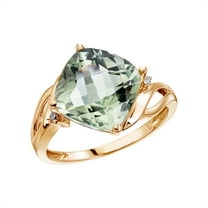 14K Yellow Gold 10 mm Cushion Green Amethyst and Diamond Ring