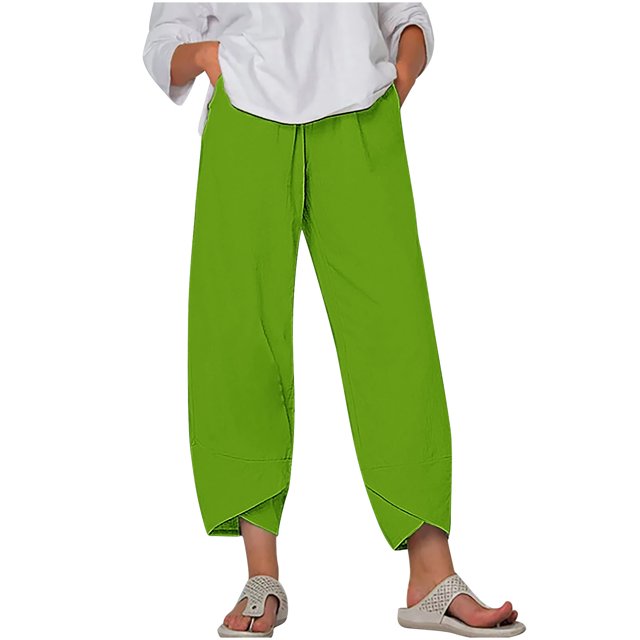 Timegard Plus Size Pants for Women Elastic Waist Solid Color Comfy Fall Casual Crop Pants with Pockets