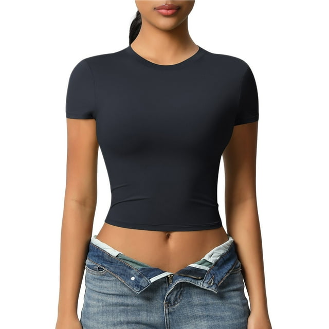 Yuyuzo Hauts de Sortie pour Femmes T-Shirts Athlétiques à Manches Courtes Col Rond Court Yoga Léger Séchage Rapide Extensible Basiques