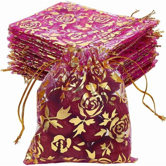 Organza 100pcs Rose Printed Organza Bags Wedding Favour Bags Gift Bags Rectangle Orchid 12x10cm