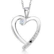 Gem Stone King 925 Sterling Silver Sky Blue Aquamarine and Black Diamond Heart Pendant Necklace for Women | 0.19 Cttw | Gemstone March Birthstone | Round 3.5MM | With 18 inch Chain