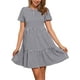 thumbnail image 1 of Vestido corto de manga corta con estampado de cuadros para mujeres, cuello redondo, cintura alta, vestido casual en capas, color negro, 1 of 5