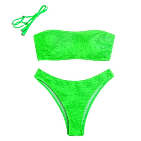 ZQGJB Women s Two Piece Bandeau Swimsuit Ribbed Solid Color Strapless Tube Bikini Top with Mid Waist Cheeky Bottom Bathing Suit(Mint Green XXL)