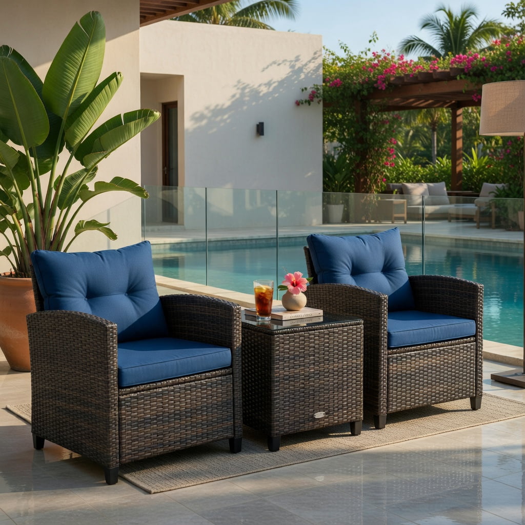 Hommoo 3-Piece Outdoor Rattan Patio Furniture Set with Cushioned Chairs & Tempered Glass Coffee Table, Navy