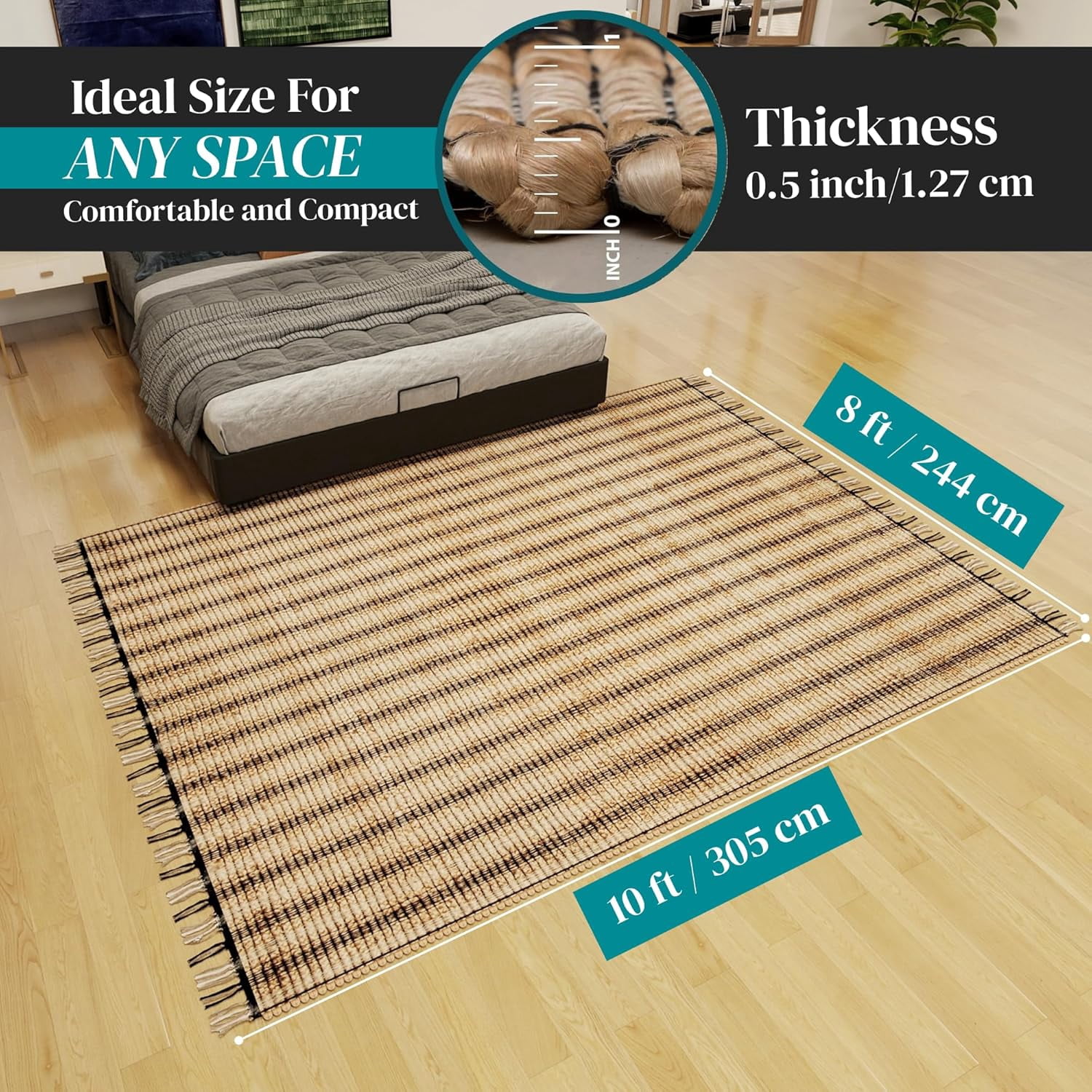 8x10 Ft Jute Natural Area Rug, Hand Woven Rug for Living Rooms, Kitchen, Bedroom & Dinings Home Decor (0.5 inch Thickness)